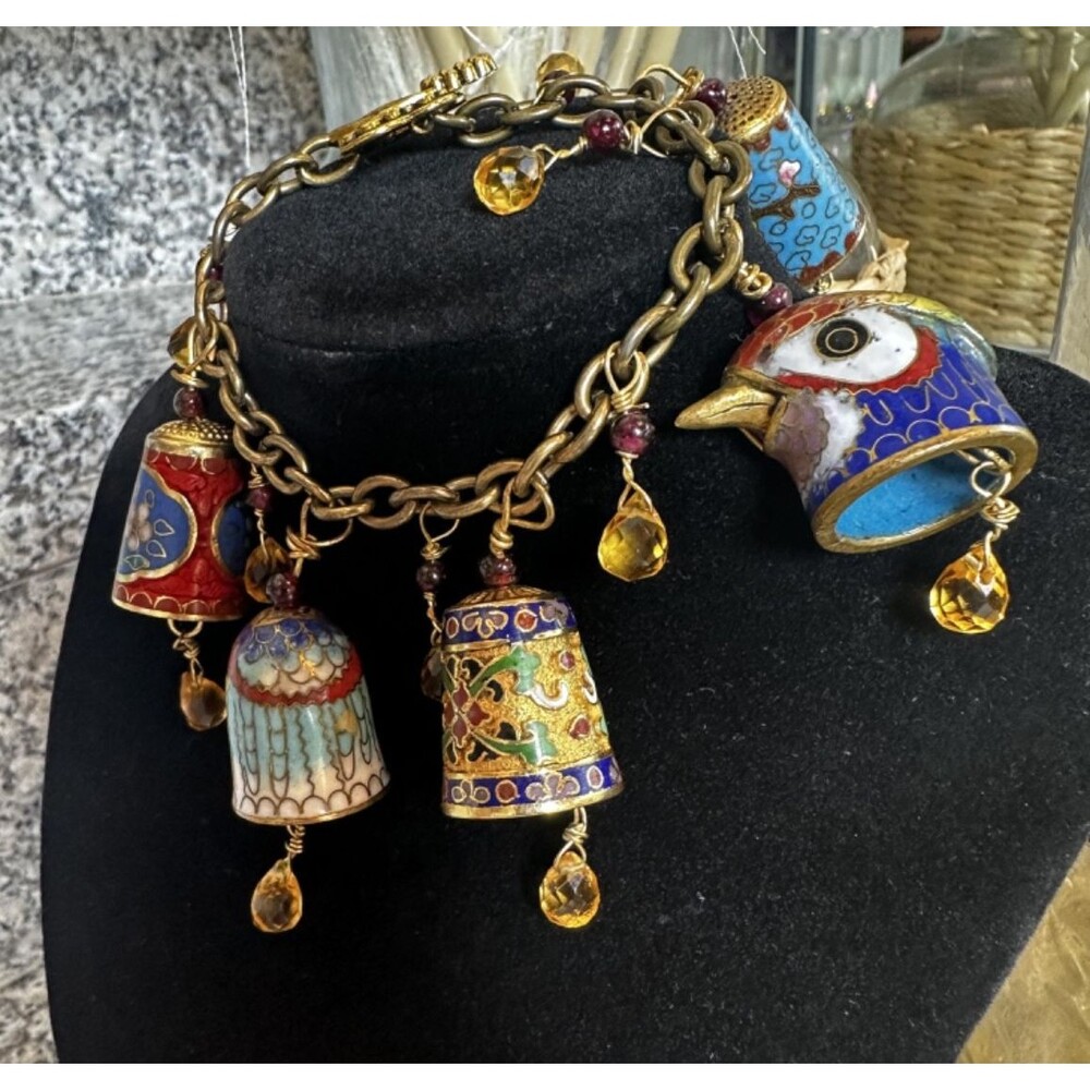 One-of-a-Kind Cloisonné Bell Charm Bracelet | Multicolor Birds Design | 7.5 in